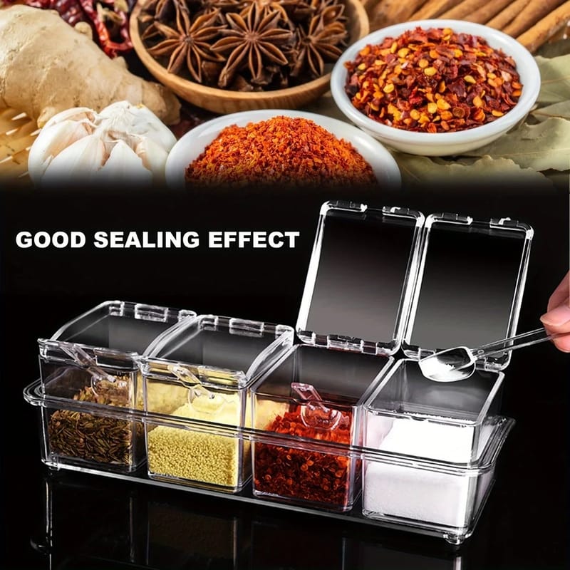 4 Grid Airtight Spice Storage Box with Spoon