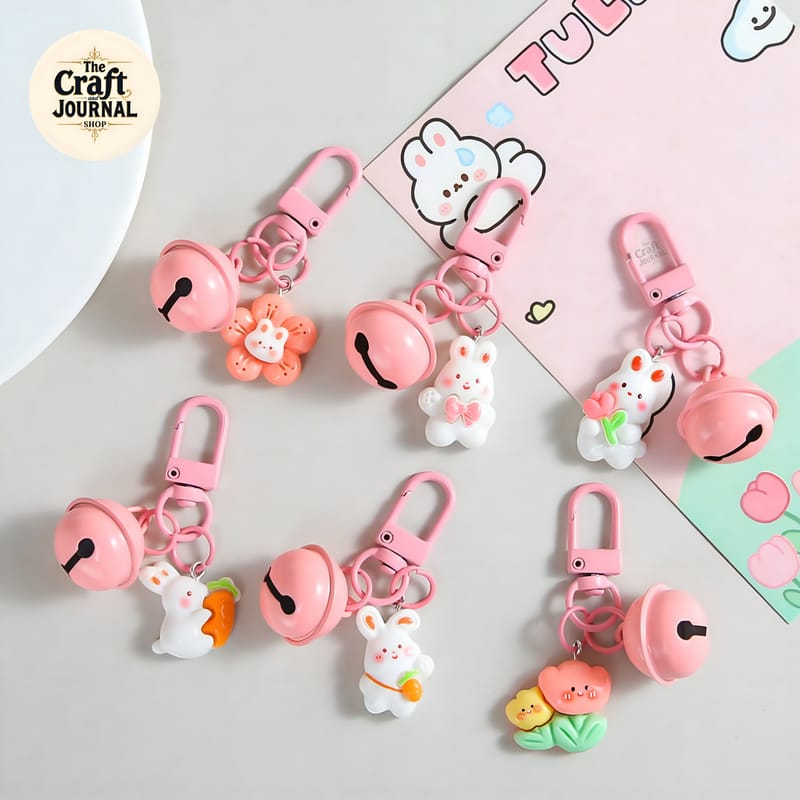 Pink Bell & Bunny Charm Keychain