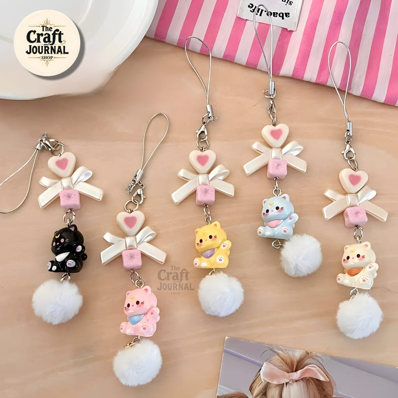 Cat & Bow Phone Charm with Pom Pom